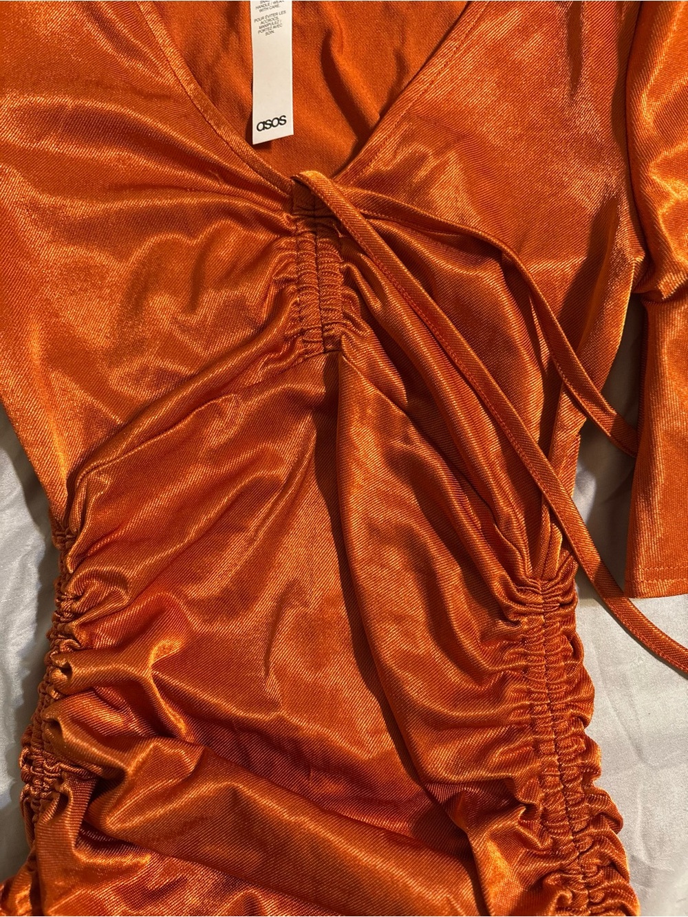 ASOS Orange Satin Ruched V-Neck Mini Dress - Picture 3 of 4
